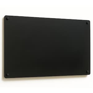 May include: A rectangular black metal board mounted on a white wall. The board is secured with four black screws, one in each corner. The surface of the board is smooth and matte, providing a sleek, modern aesthetic.