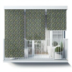 May include: A balcony with a white railing and a set of black and green patterned window shades. The shades are pulled down and cover the windows. The balcony has a white floor and a white railing. There is a white couch and a table with chairs on the balcony.