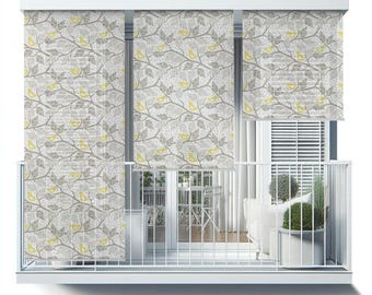 Exterior Roller Shades, Nature Balcony Roller Blinds, Birds On Tree Branches Blinds, Gray Printed Roller Shade