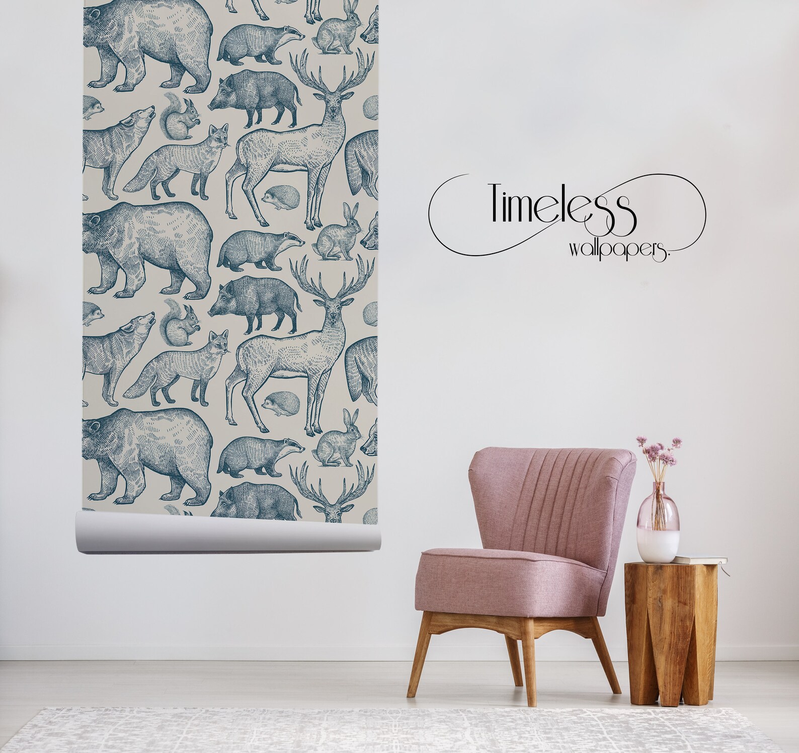 Forest Animals Removable Wallpaper Blue and Beige 8 Etsy