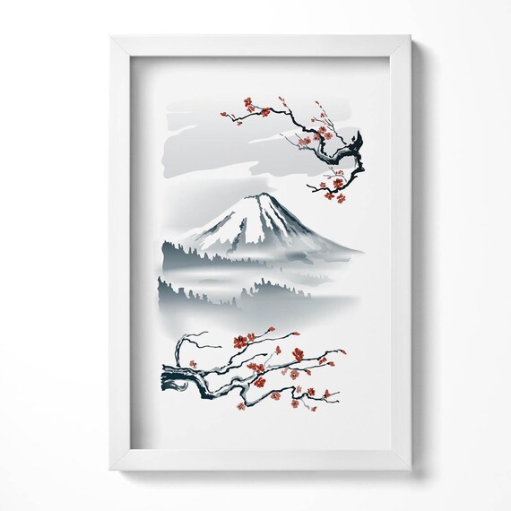フレームに入った富士山と桜の日本のイラスト、フレームに入った風景画