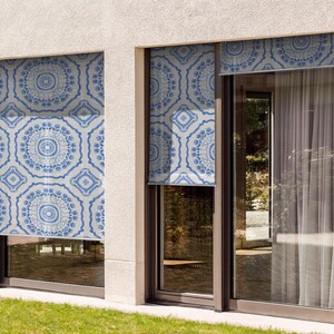 Patio Roller Shades, Structures Exterior Roller Blinds, Blue Pattern On The Tiles Blinds, Blue Pull-Down Shades