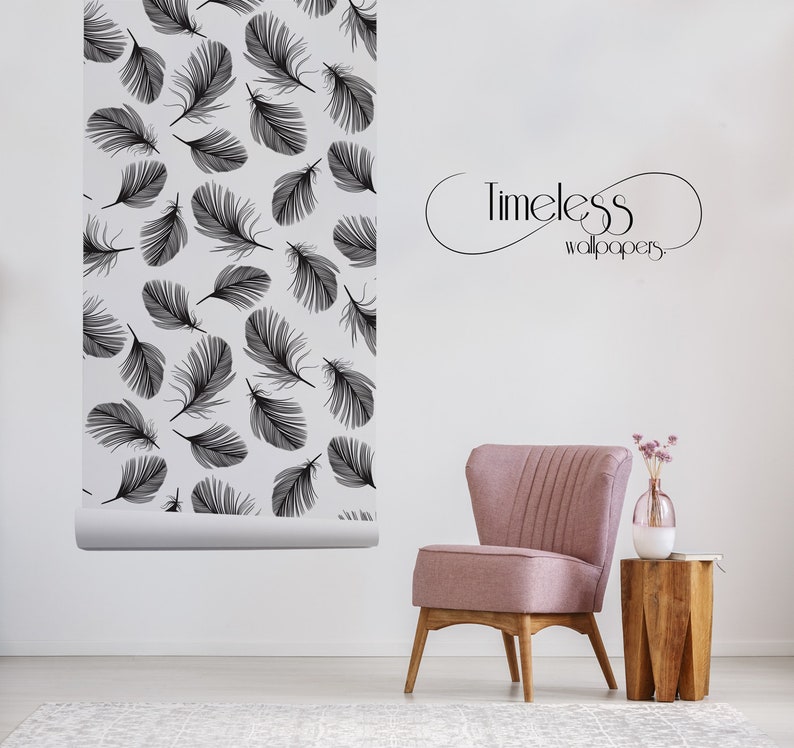 Hand-drawn feathers removable wallpaper black and white wall mural self adhesive #157