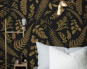 Gold ferns and leaves removable wallpaper gold and black #28