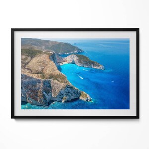 Summer Landscape Of Cliff And Coast Framed Art, Landscape Illustration in Frame , Blue Wall Art