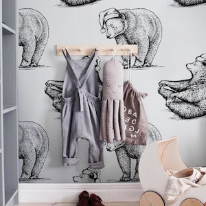 Sleepy Bears Removable Wallpaper, Black And White Wall Mural, Animals Self-Adhesive Wallpaper #29