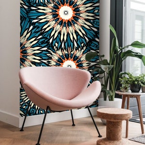 Carta da parati rimovibile con mandala classico tribale colorato, murale blu e giallo n. 143