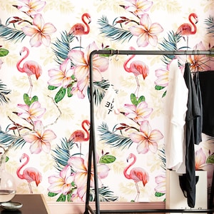 Tropical Flamingo Removable Wallpaper Pink And Green Wall Mural, Bright Self-Adhesive Wallpaper #86