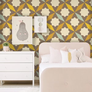 Abstract Retro Geometric Removable Wallpaper, Yellow And Brown Wall Mural, Repositionable Wallpaper #234