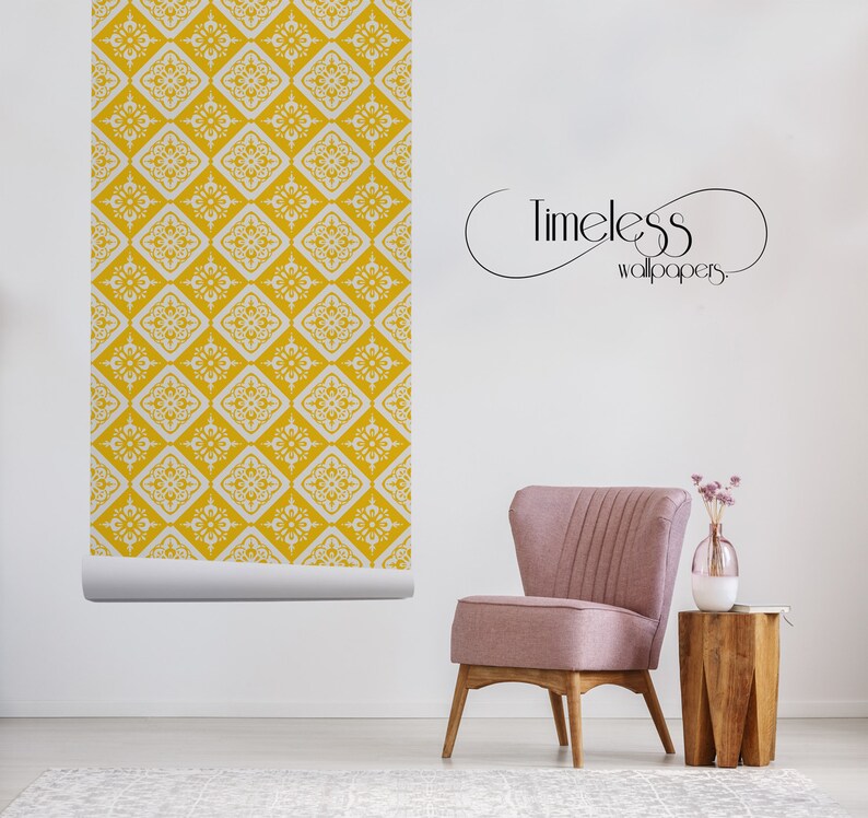Vintage Removable Wallpaper Yellow and White Wall Mural Etsy