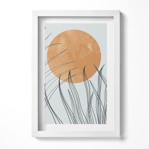 Minimalist Plants And Sun In Boho Style Print in Frame, Flowers and plants Art Print, Gray Wall Art