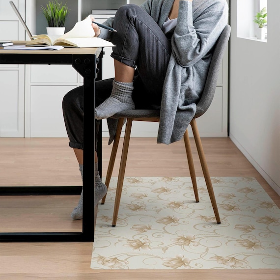 Floral Ornament Chair Mat, Beige Office Chair Floor Protector