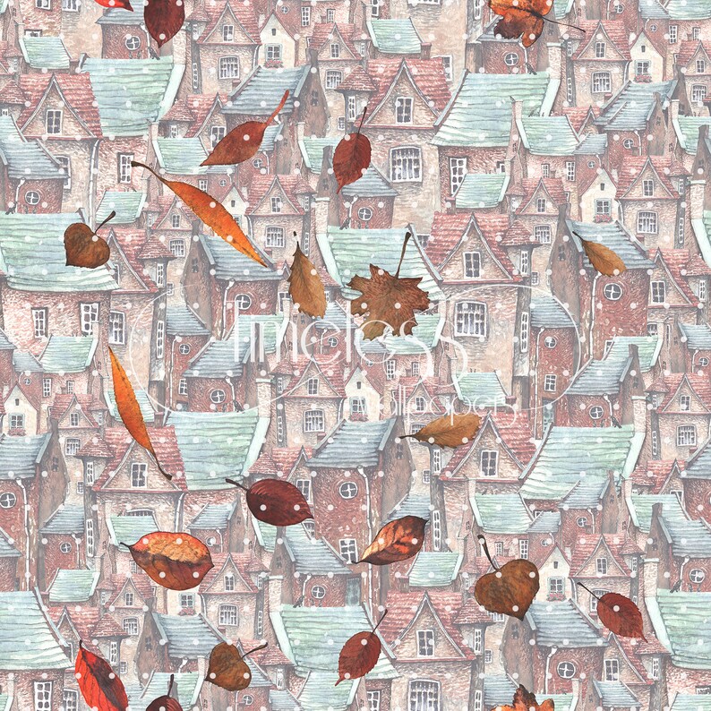 Autumn old town removable wallpaper brown and blue #77