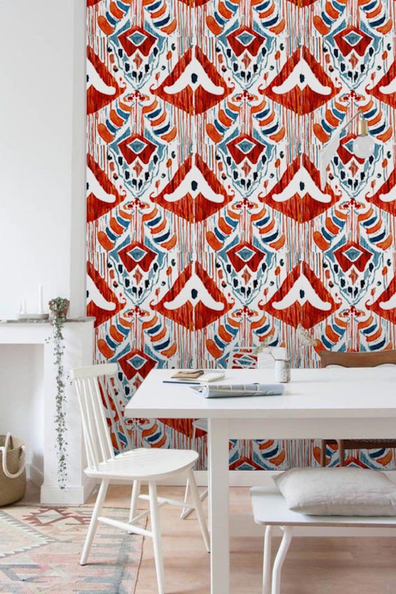 Ikat Bohemian Ethnic Watercolour Style Removable Wallpaper Red - Etsy UK Ikat Bohemian Ethnic Watercolour Style Removable Wallpaper Red - Etsy UK