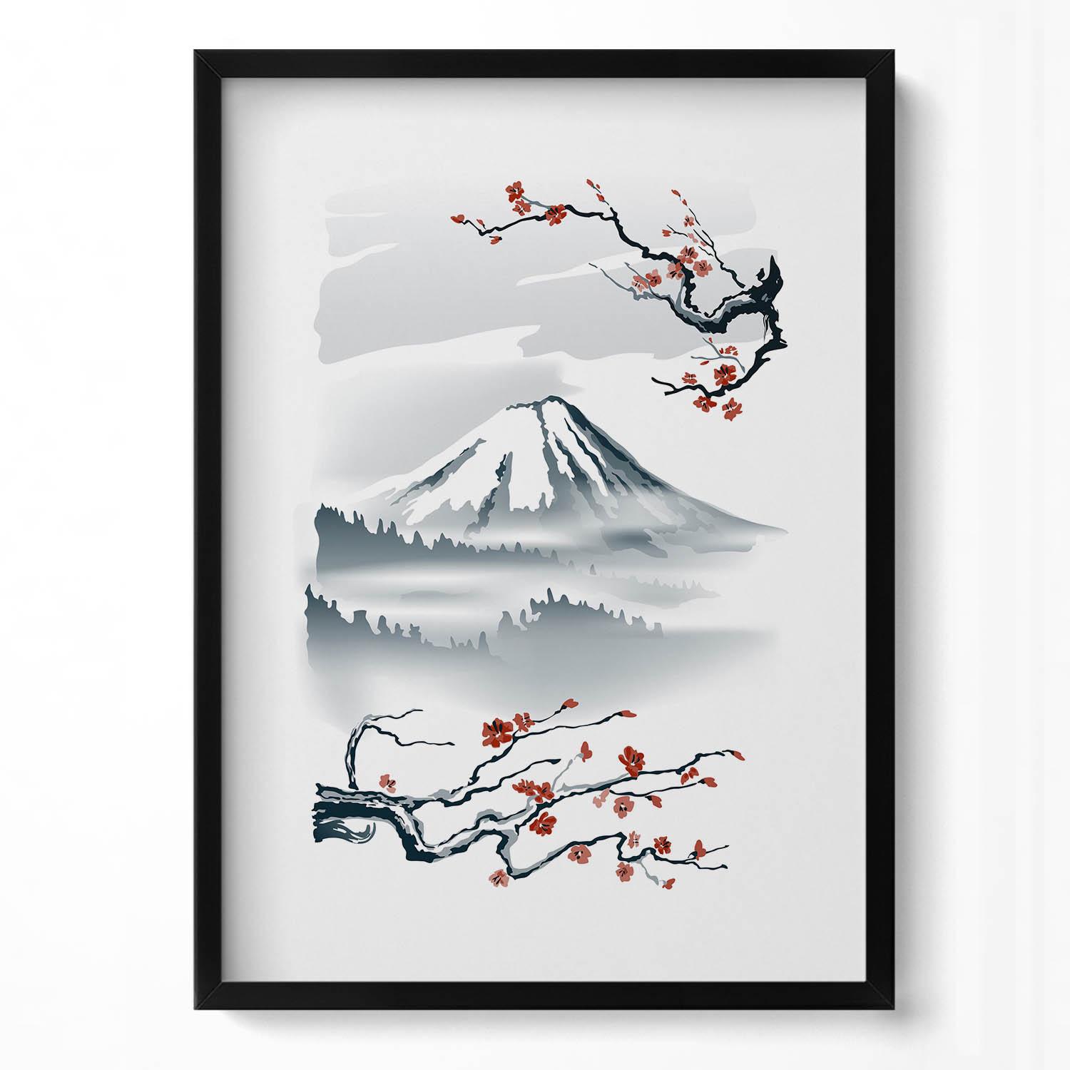 富士山 桜の日本画 フレーム付き　水戸童 富士山と桜の日本画（フレーム付き） フレームに入った富士山と桜の日本の
