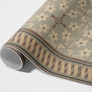 Alfombra de dormitorio con mosaicos de estilo retro y flores y pétalos, alfombra de vinilo con azulejos y baldosas, alfombra de vinilo marrón, alfombra impermeable, alfombra apta para mascotas.