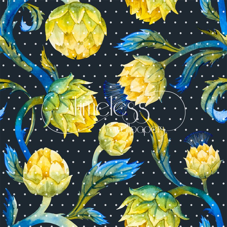 Nouveau Artichoke Removable Wallpaper Blue and Yellow Wall Etsy