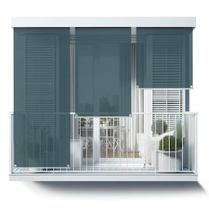 May include: A balcony with a white railing and three large, dark blue window shades. The shades are pulled down and cover the windows. The balcony is furnished with a white couch and a table with chairs.