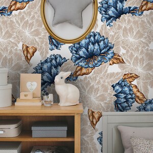 Graphic Flower Removable Wallpaper, Floral Wallpaper, Blue And Golden Wall Mural, Botanical Wall Mural #529