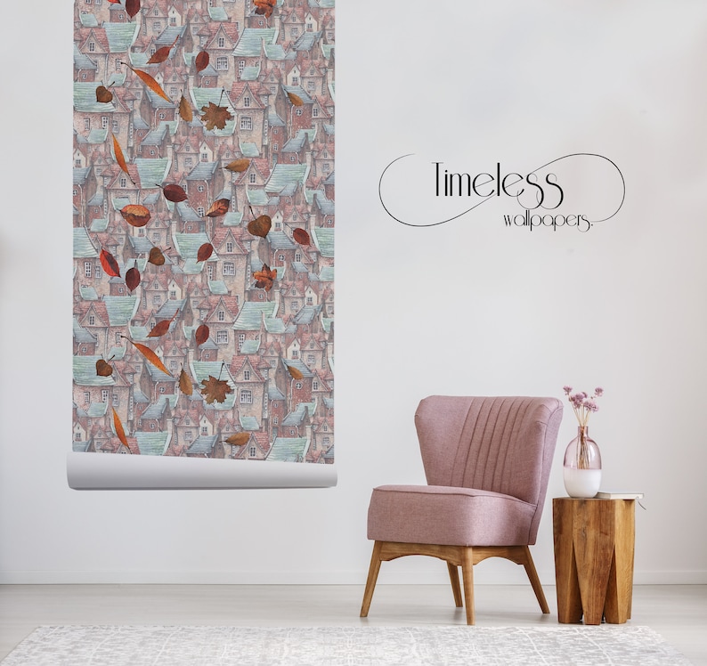 Autumn old town removable wallpaper brown and blue #77