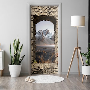 Mountain Window View Door Sticker, Carving Door Mural, Landscapes Door Decals, Beige Door Mural, Bedroom Door Stickers