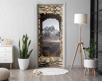 Adesivo de porta com vista para a montanha, mural de porta com entalhe, decalques de porta com paisagens, mural de porta bege, adesivos de porta de quarto