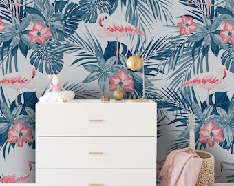 Indigo tropical flamingo birds removable wallpaper pink and green wall mural photo mural #412