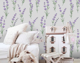 Lavender Flowers Removable Wallpaper, Purple And Green Wall Mural, Subtle Wallpaper 265