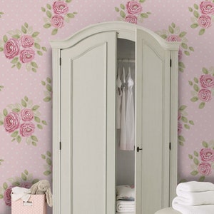 Carta da parati rimovibile rosa con graziose rose in stile shabby chic, murale verde e rosa, carta da parati temporanea in stile inglese n. 326