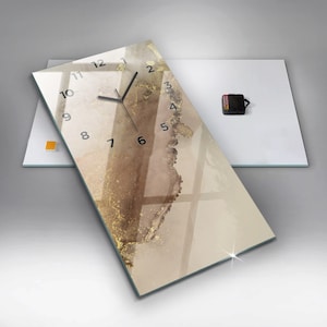 Printed Clock Golden Stained Paper, Beige Rectangular Glass Clock, Personalized Wall Clock, Industrial Wall Decoration
