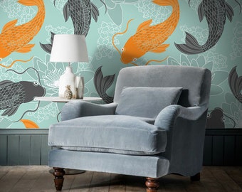 Chinese carp removable wallpaper orange and gray wall mural traditional #460