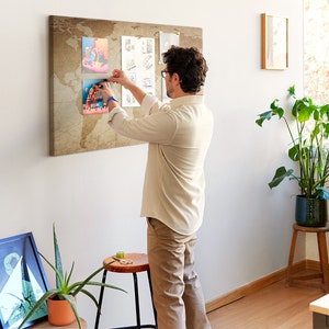 Vintage Weltkarte, Weltkarte, Reise-Tracker, große Korktafel, braun, Druck auf Leinwand, besuchte Orte