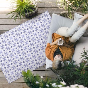 Patterned Tiles Beautiful Mosaic Porch Rug, Faux Tiles Outside Carpet, Blue Vinyl Rug, Poolside Rug, Outdoor Vinyl Mat, Waterproof Rug