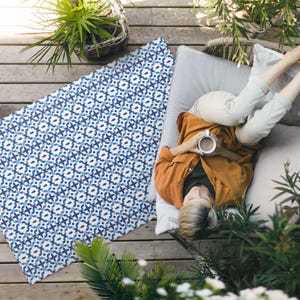 Spanish Mosaic Decorative Pattern Porch Rug, Patterns Outside Carpet, Blue Vinyl Rug, Poolside Rug, Outdoor Vinyl Mat, Waterproof Rug