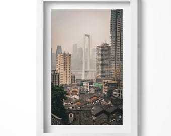 Chongqing Old Town Framed Art, City Illustration in Frame , Beige Wall Art