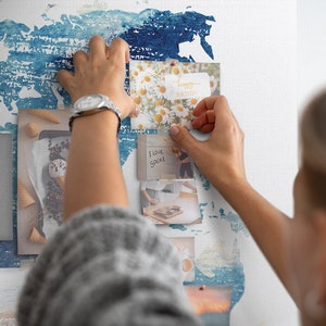 Reise-Weltkarte, große Korktafel, Druck auf Leinwand, Reise-Tracker, Karte der besuchten Länder, Pins enthalten, blau