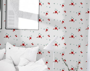 Small red flowers removable wallpaper red and white wall mural wall covering #323