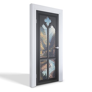 Mountain View From The Window Door Sticker, Carving Door Mural, Landscapes Door Decals, Gray Door Mural, Bedroom Door Stickers