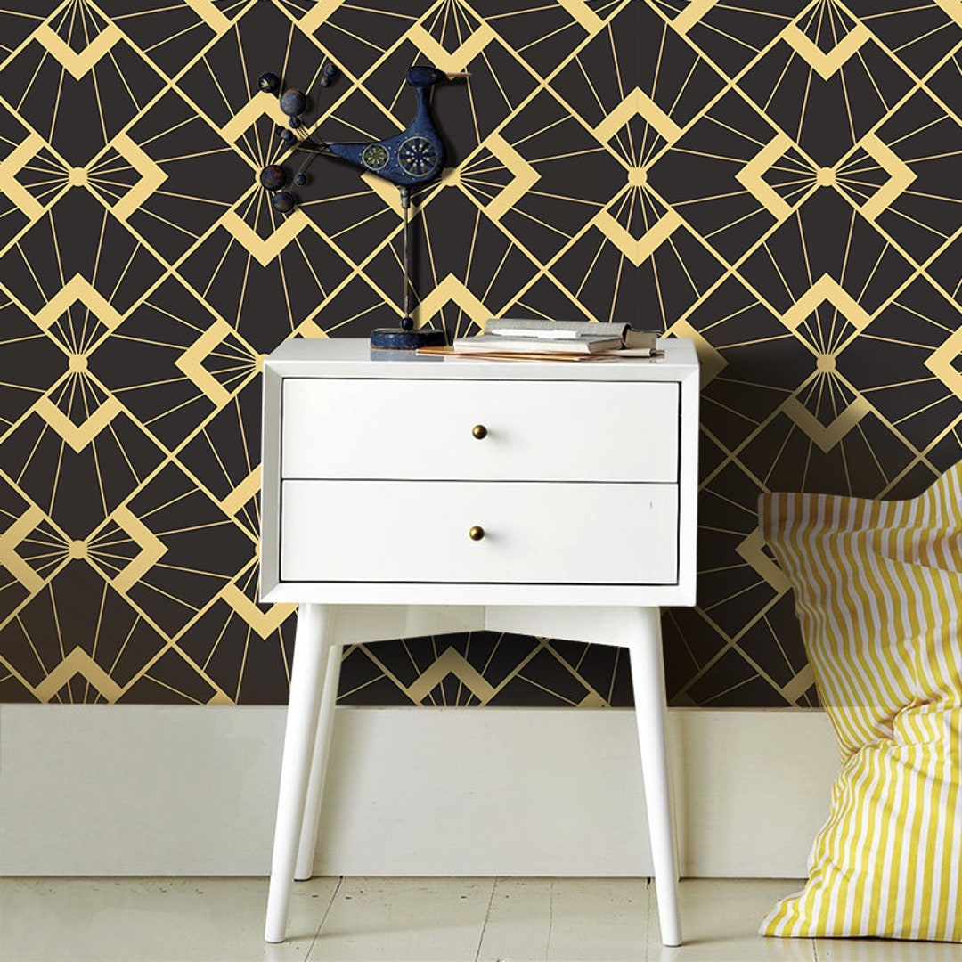 Abstract Art Deco Removable Wallpaper Black and Golden Wall - Etsy