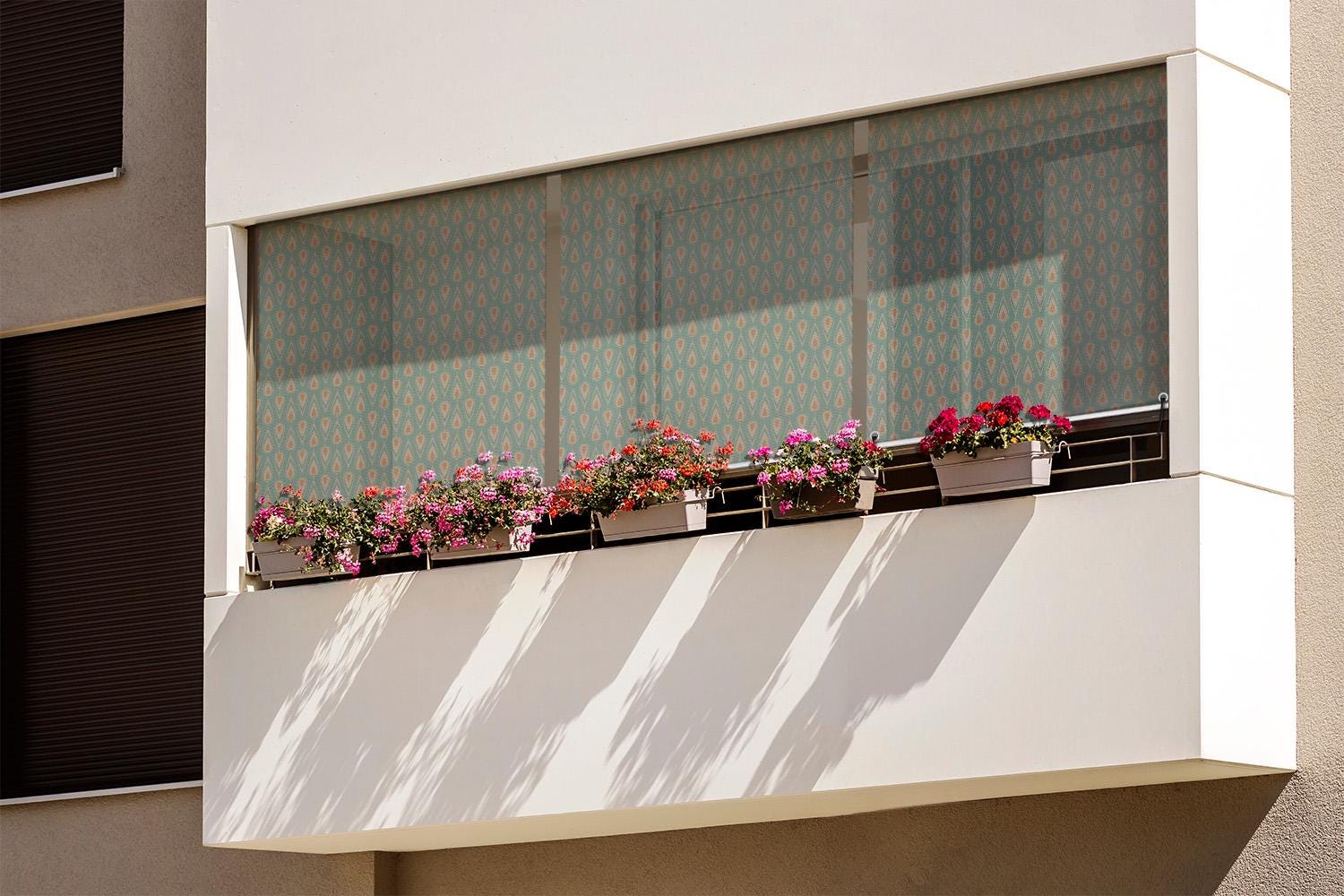 Stores enrouleurs de balcon, Stores géométriques pour jardin, Stores enrouleurs rangs gouttes d'eau, Store enrouleur imprimé turquoise