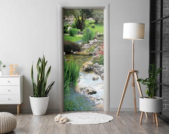 Adesivo de porta com tema de jardim com riacho, mural de porta com entalhe, decalques de porta com flores e plantas, mural de porta verde, adesivos de porta de quarto