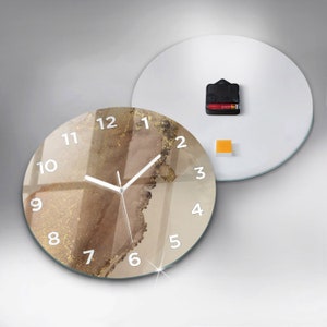 Printed Clock Golden Stained Paper, Beige Round Glass Clock, Customizable Wall Clock, Loft Wall Decoration