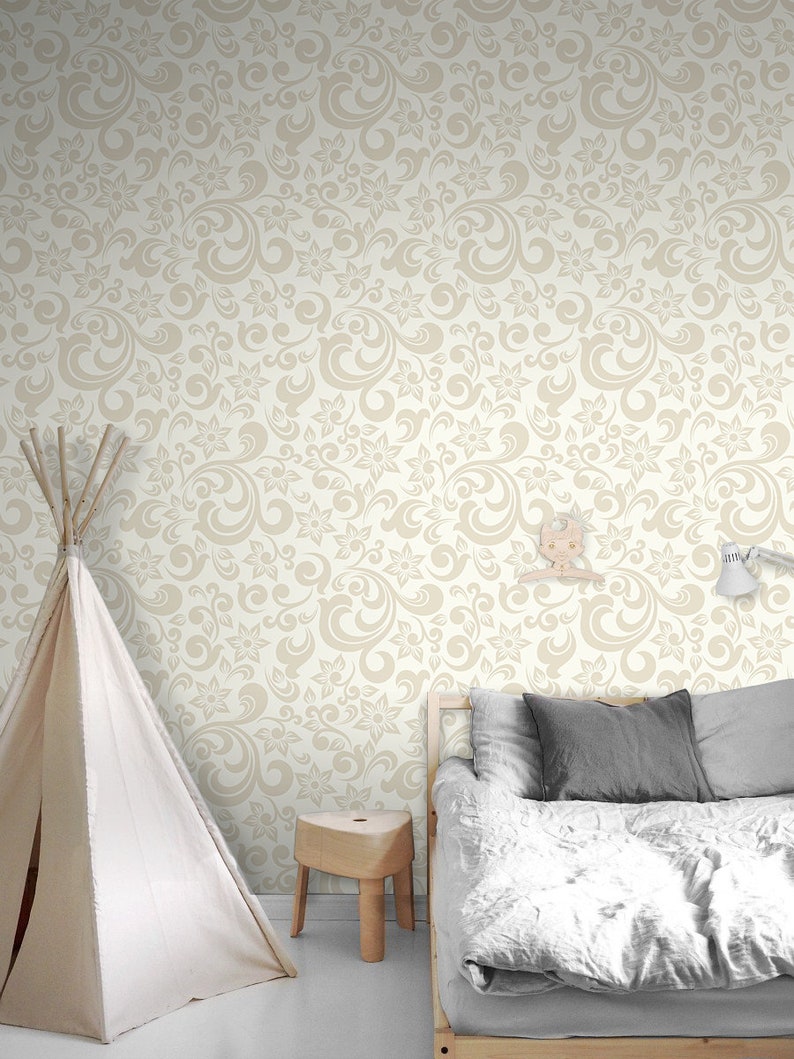 Light beige baroque style removable wallpaper yellow and gray wall mural repositionable #135