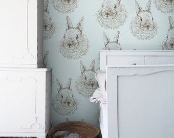 Rabbits removable wallpaper sketched brown and blue #26