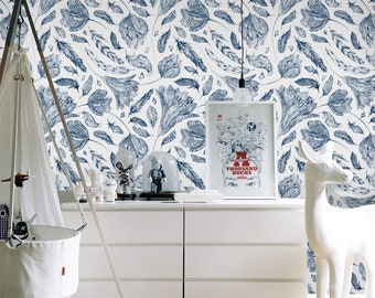 Boho Wallpaper, Chic Indigo Removable Wallpaper, Blue And White Wall Mural, Temporary Wallpaper, Abstract Wallpaper #146