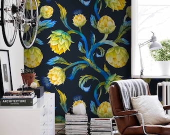 Nouveau artichoke removable wallpaper blue and yellow wall mural vlies #541