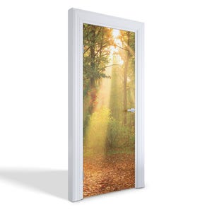 Morning In The Forest Door Sticker, Carving Door Mural, Landscapes Door Decals, Brown Door Mural, Bedroom Door Stickers