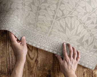 Twigs And Leaves By William Morris Bedroom Rug, Flowers And Plants Vinyl Carpet, Beige Vinyl Rug, Waterproof Rug, Pet Friendly Rug