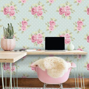 Carta da parati rimovibile blu con graziose rose in stile shabby chic, murale rosa e blu, carta da parati riutilizzabile in stile inglese n. 320