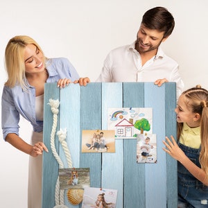 Cosas del mar sobre madera, Azul, Tablero de notas para estudiantes XXL, Patrón personalizado, Pines incluidos, Tablero de corcho, Tablero de estado de ánimo